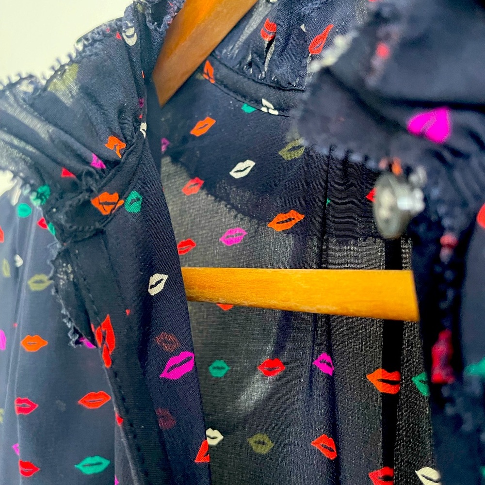 J. Crew Silk Ruffle Neck Lips Blouse